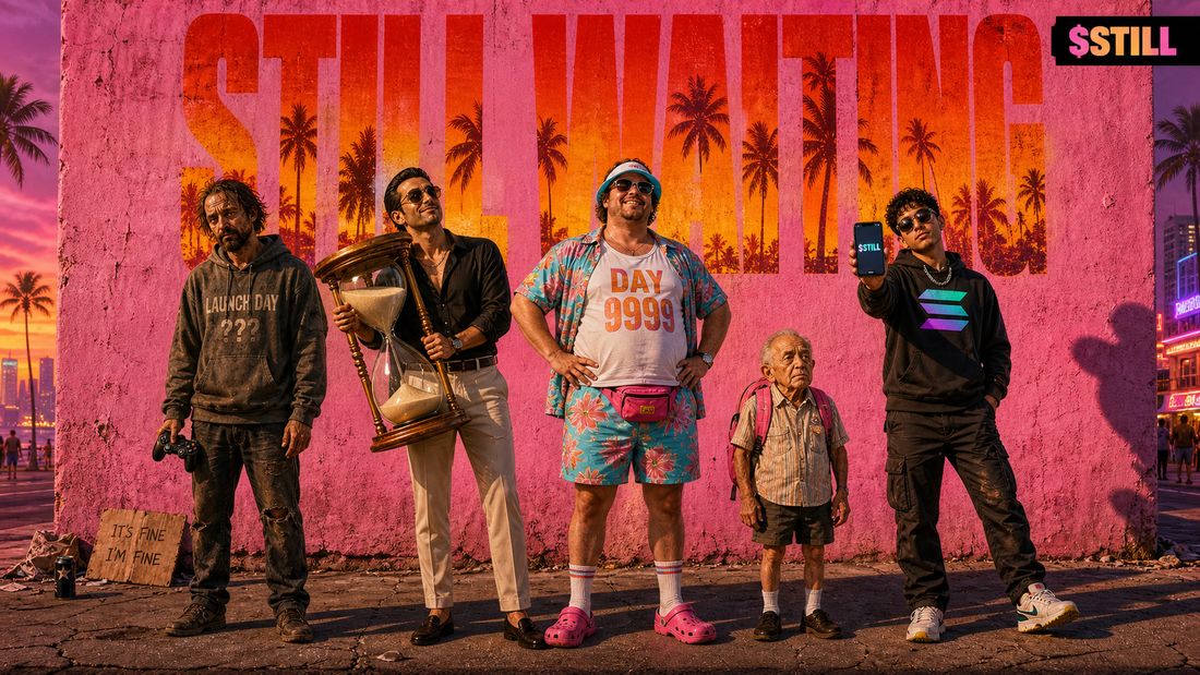 Five people waiting in front of a pink wall painted STILL WAITING: a man in a LAUNCH DAY hoodie, a man holding a giant hourglass, a man in a DAY 9999 shirt, an old man with a backpack, and a kid holding up a phone showing $STILL.
