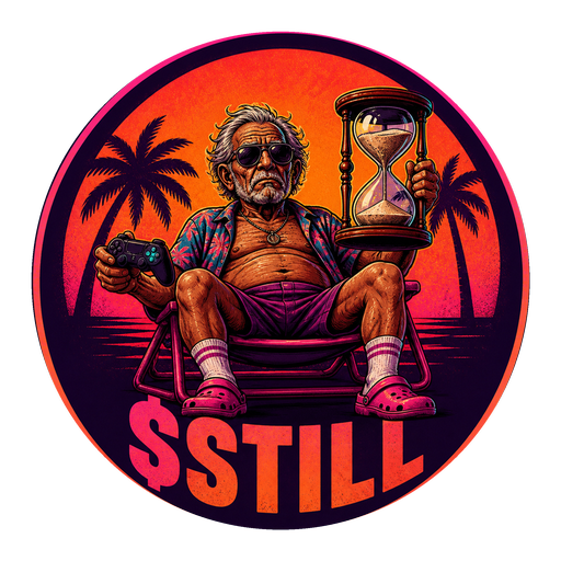 $STILL — an old man in a lawn chair holding an hourglass and a controller